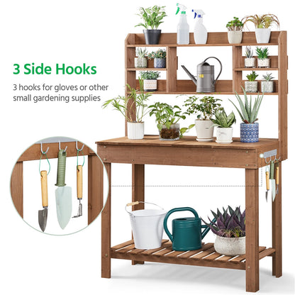 Potting Bench Table Fir Wood Iron Frame Switchable Top Integrated Sink 3-Tier Display Rack Storage Shelf Hanger Waist-High Garden Workstation Outdoor Brown