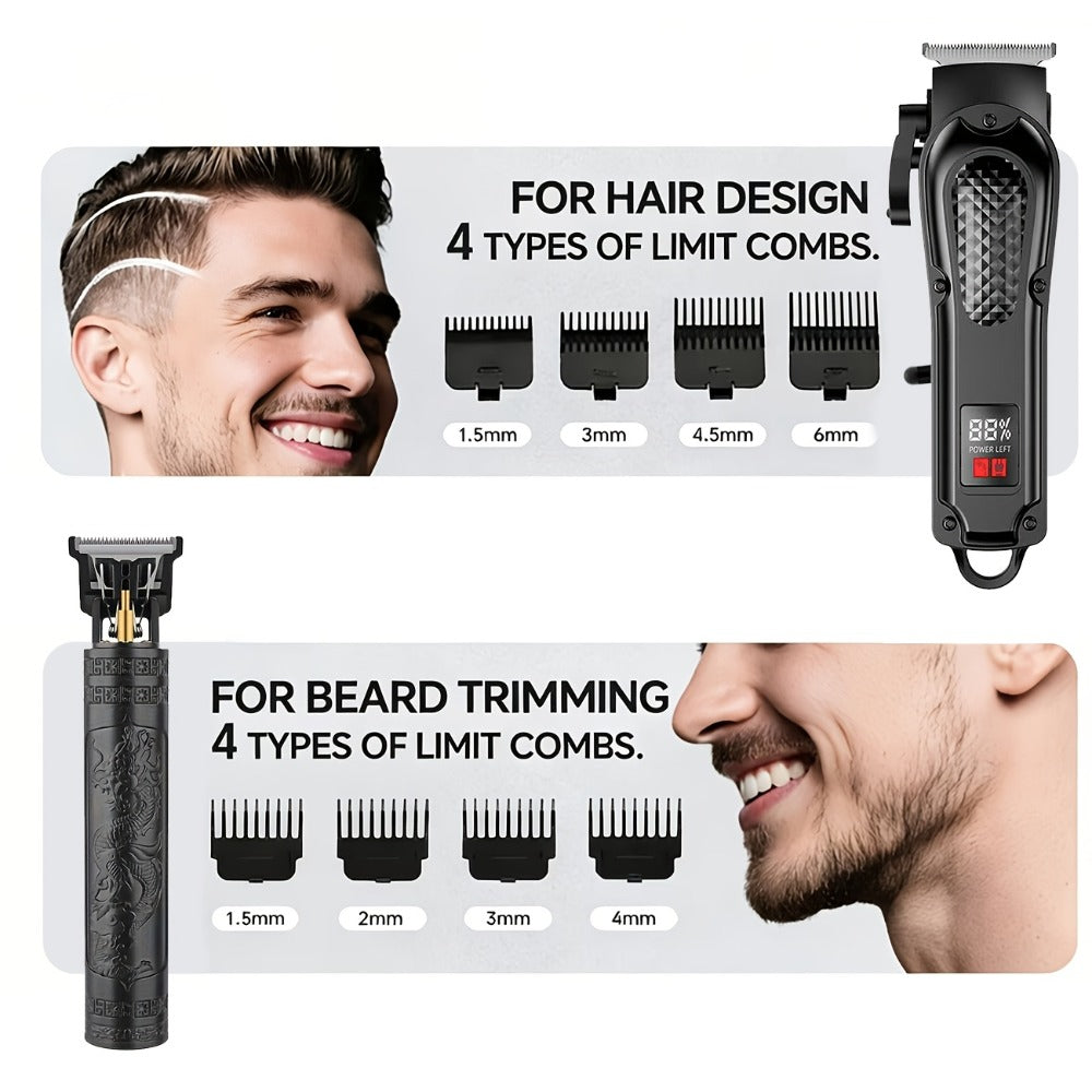 2-Piece Hair Clipper Set with Full-Size Clipper, Detail Trimmer, Guide Combs and USB Charging Accessories