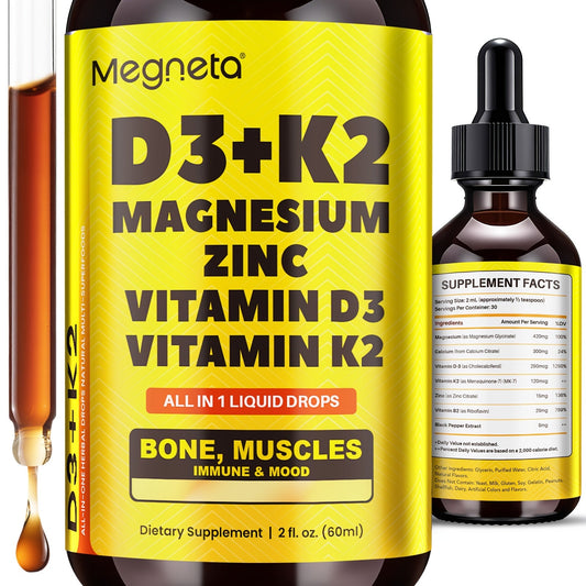 Vitamin D3 Liquid Drops 10000 IU with K2 MK-7 120mcg Magnesium Zinc Vitamin B2 — Sugar-Free High Potency D3 K2 Formula for Calcium Absorption Bone Immune Mood Health 2 fl oz