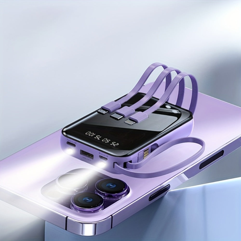 Power Bank 50000mAh 22.5W with Four Built-In Cables, Digital Display and LED Flashlight in Black or Purple