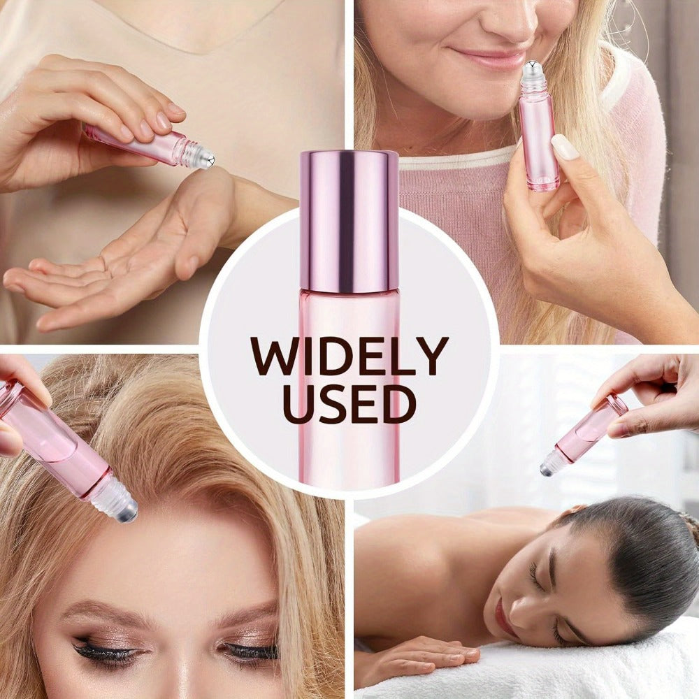 28-Pack 10 ml Clear Pink Glass Roller Bottles with Stainless Steel Balls, Opener and Funnel