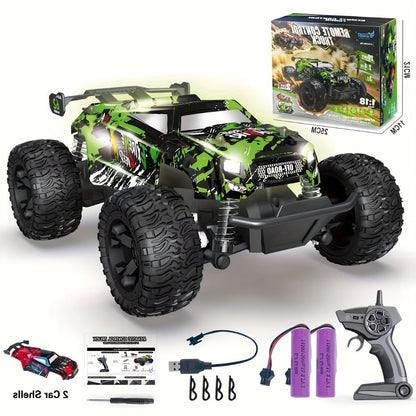 RC Monster Truck 4WD Green Off-Road Style Vehicle with LED Details, 2.4G Remote Controller and Treaded Tires