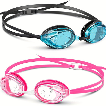 Blue and Pink Swimming Goggles with Rounded Lens Frames, Dual Split Head Straps and One Indoor Style Option