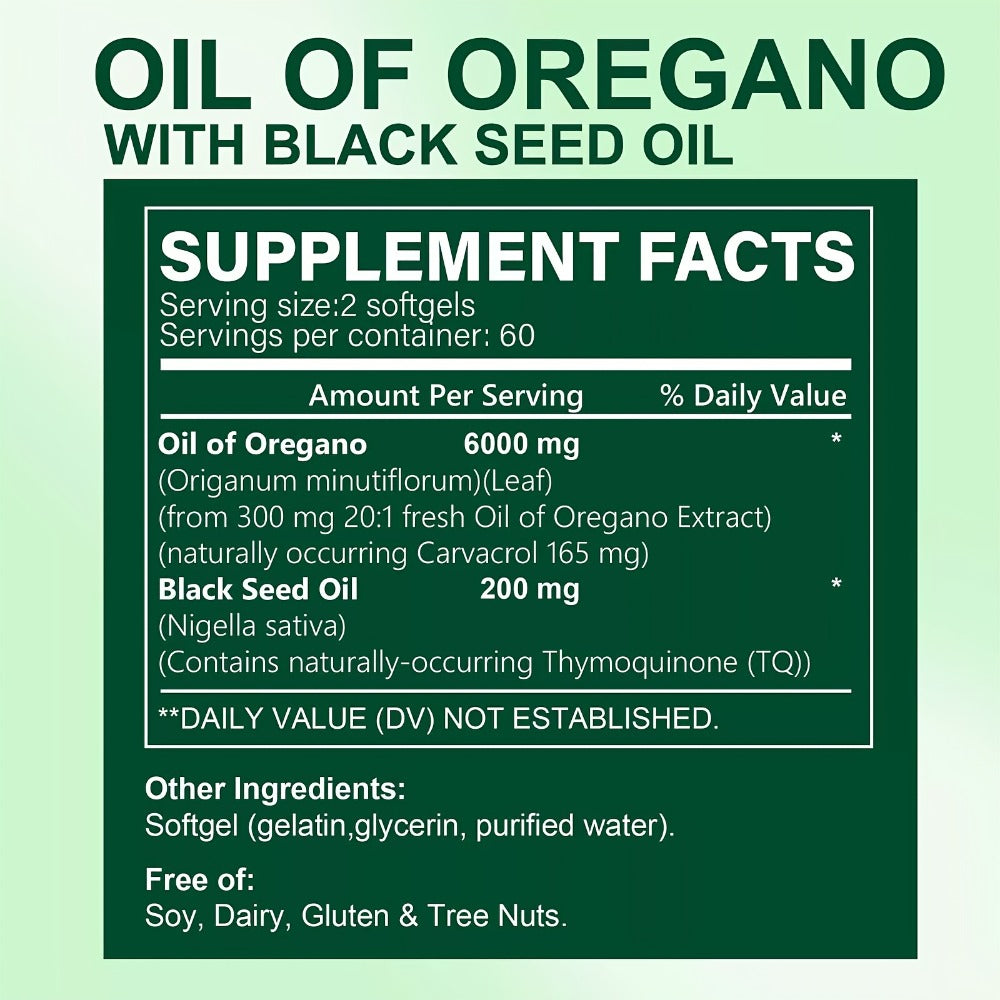Herbal Supplements with ZEYMAN Label, Oregano Oil 6000mg and Black Seed Oil 200mg Softgels, 120 Count