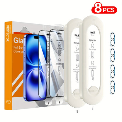 Screen Protector, 8-Piece iPhone Tempered Glass Set with Four Screen Films, Four Camera Lens Covers and Alignment Tools