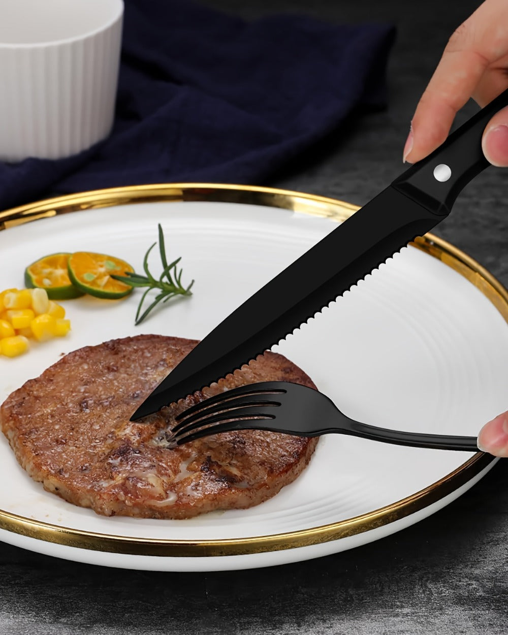 Stainless Steel Flatware Set with Steak Knives – 24/48 Piece Silverware Set Service for 4 or 8, Mirror Polished Cutlery, Dishwasher Safe, Silver & Black