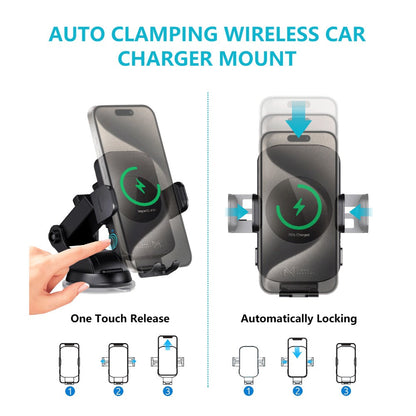 4-Color Wireless Car Charger Mount 15W Qi Auto-Clamping – Fast Wireless Charging Phone Holder for iPhone 17 16 15 14 13 12 11 Pro Max, Samsung Galaxy S24 S23 S22 S21 & All Qi Phones | Black Blue Red Gold