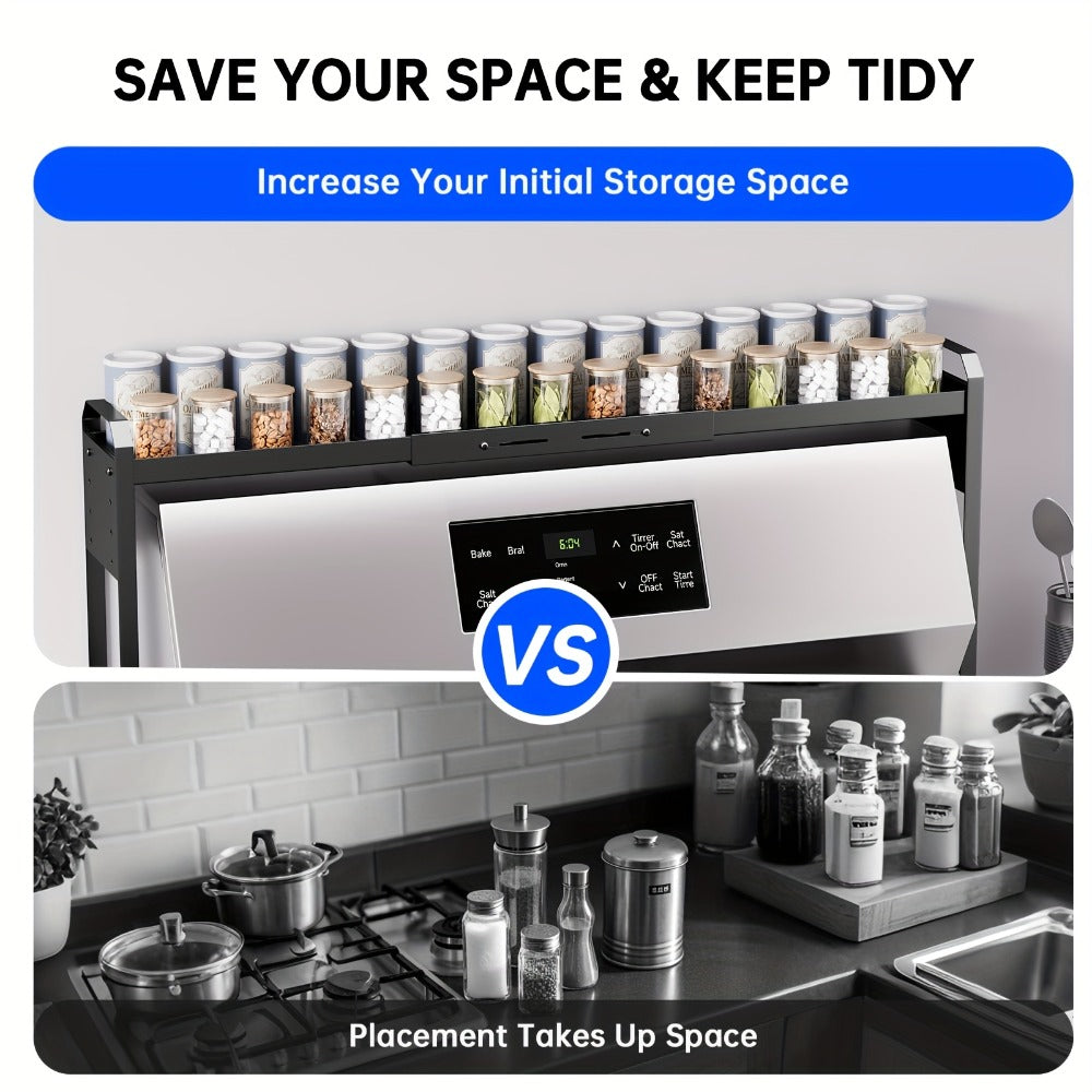 Expandable Stove Shelf Kitchen Organizer with 27.4-32.7-Inch Width, Adjustable Height and Utility Hooks