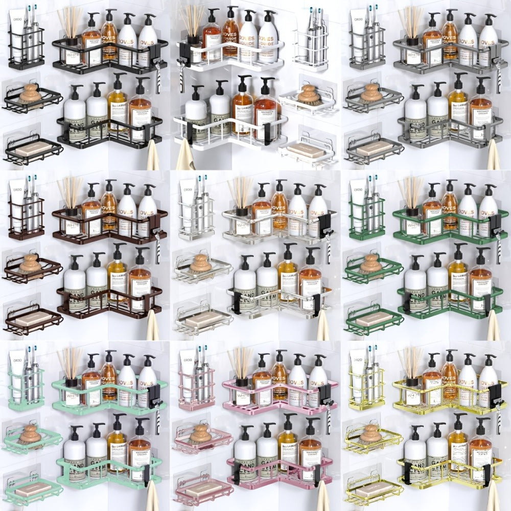 Five-Piece Corner Shower Caddy Set with Soap Holder and Four Removable Hooks in Seven Colors