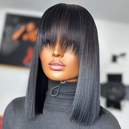 Straight Bob Human Hair Wig with Full Bangs, 250% Density, Rose Net Cap and 10-18 Inch Lengths