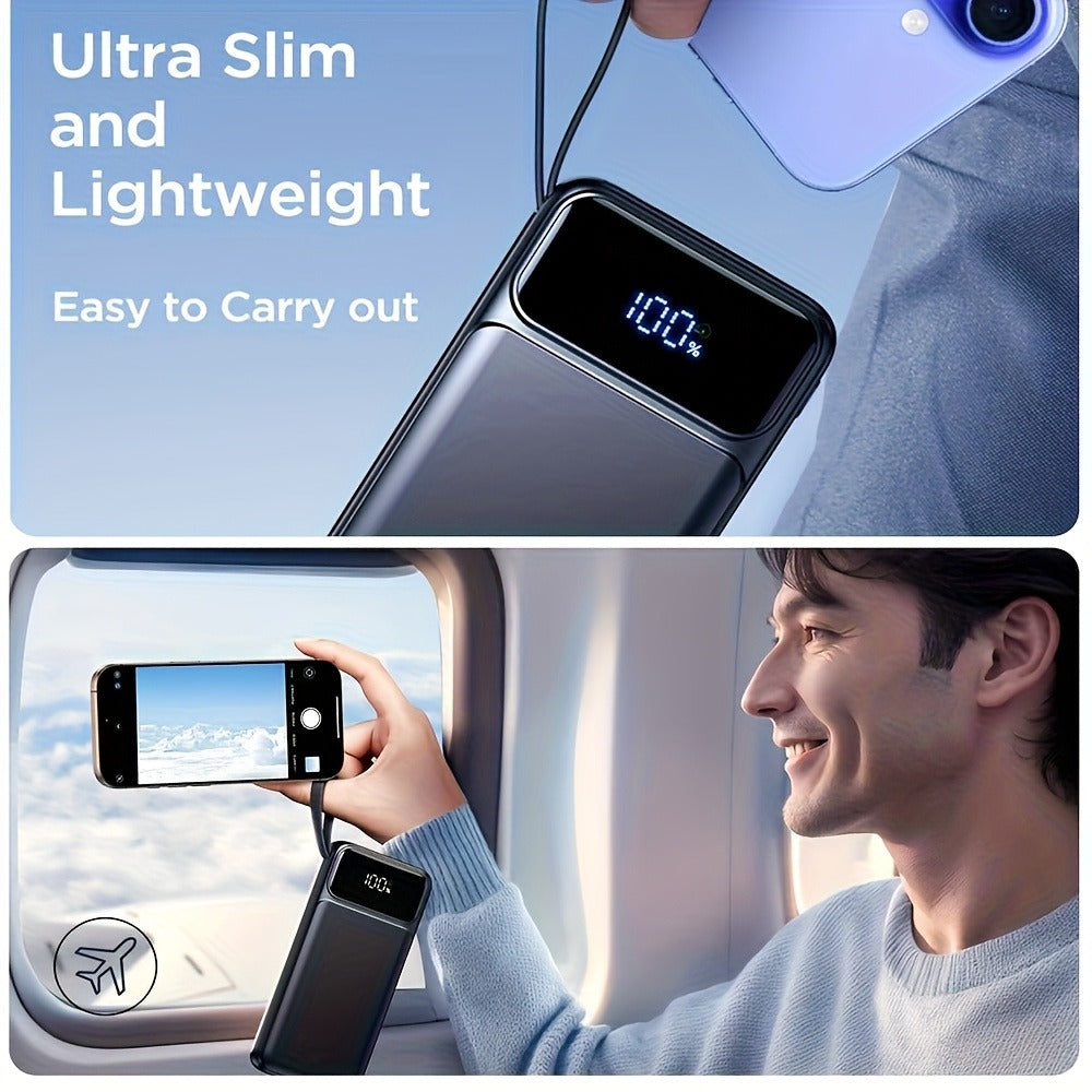 20000mAh Power Bank with Four Built-In Cable Leads, 20W Marking, Percentage Display and Three Colors