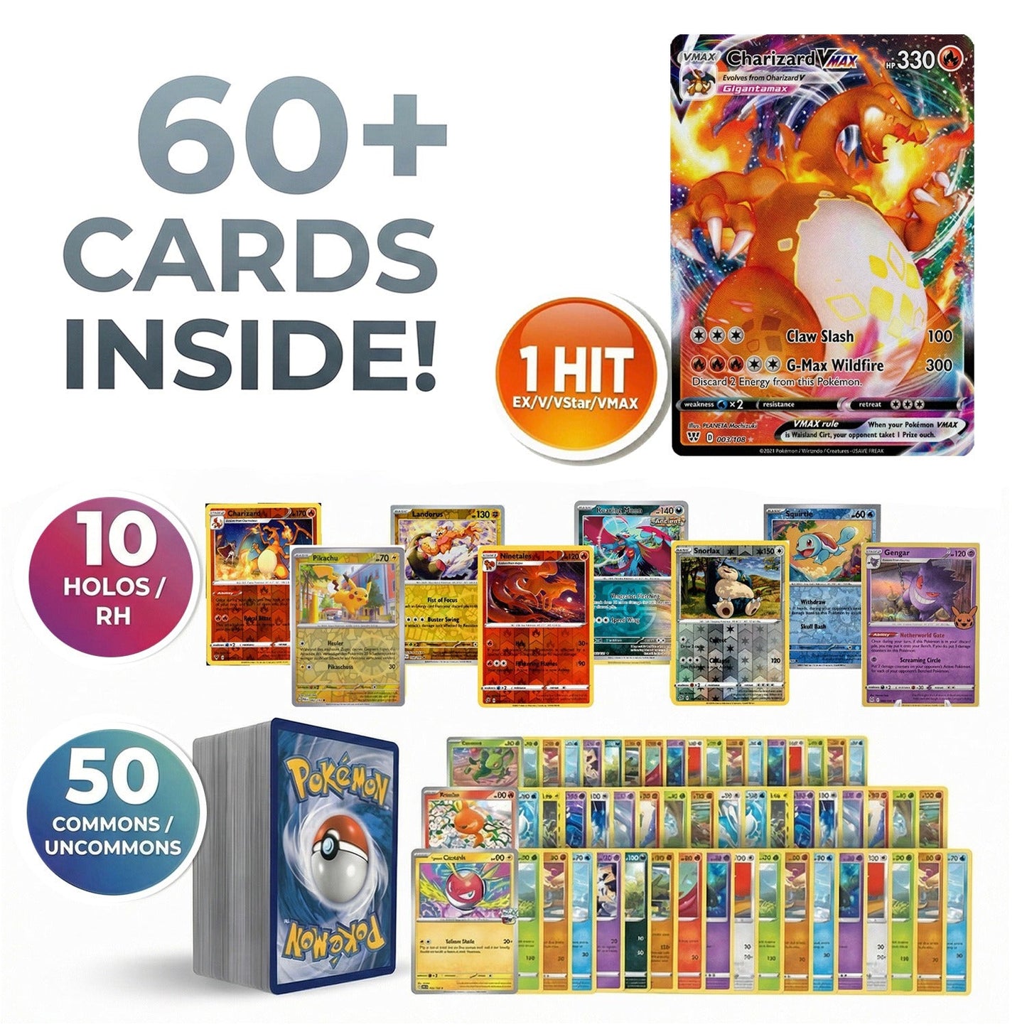61-Card Pokémon Mystery Pack – 1 Guaranteed Hit (EX/GX/V/VMAX/VSTAR/Ultra Rare) + 10 Holo Cards + 50 Commons | Authentic TCG Surprise Bundle for Collectors, Kids & Teens