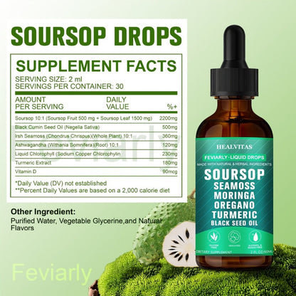 Soursop Bitters Liquid Drops 10-in-1 with Sea Moss Moringa Turmeric Black Seed Oil Oregano for Bath Time, Home Spa and Personal Care