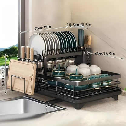 2-Tier Dish Drying Rack with Drainboard & Mat – Metal Dish Rack for Kitchen Counter with Knife Fork Cup Holder