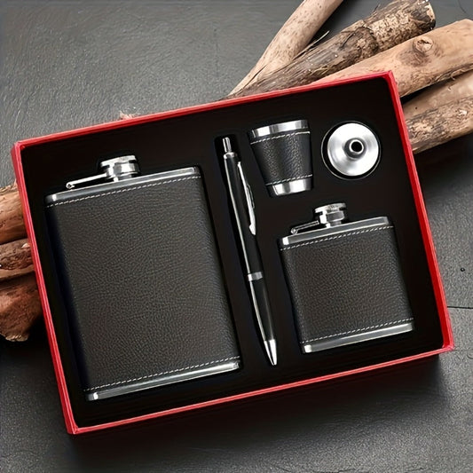 Stainless Steel Whiskey Flask Gift Set with Cup Filter & PU Leather Cover – 8.1oz + 3oz Dual Bottle Bar Gift for Men