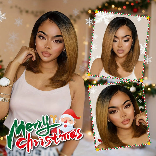 Synthetic Wig 13x2 U-Part Lace Front Straight Bob, 12-Inch Ombre Black-Brown for Daily Styling