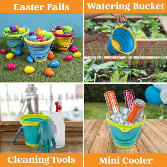 Collapsible Beach Bucket Set 3-Pack with Shovels & Mesh Backpack – Foldable Sand Pail Kit for Kids, Beach Camping Travel Fishing Outdoor Toy, Birthday Party Favor Gift (Yellow/Blue/Green or Pink/Purple/Green)