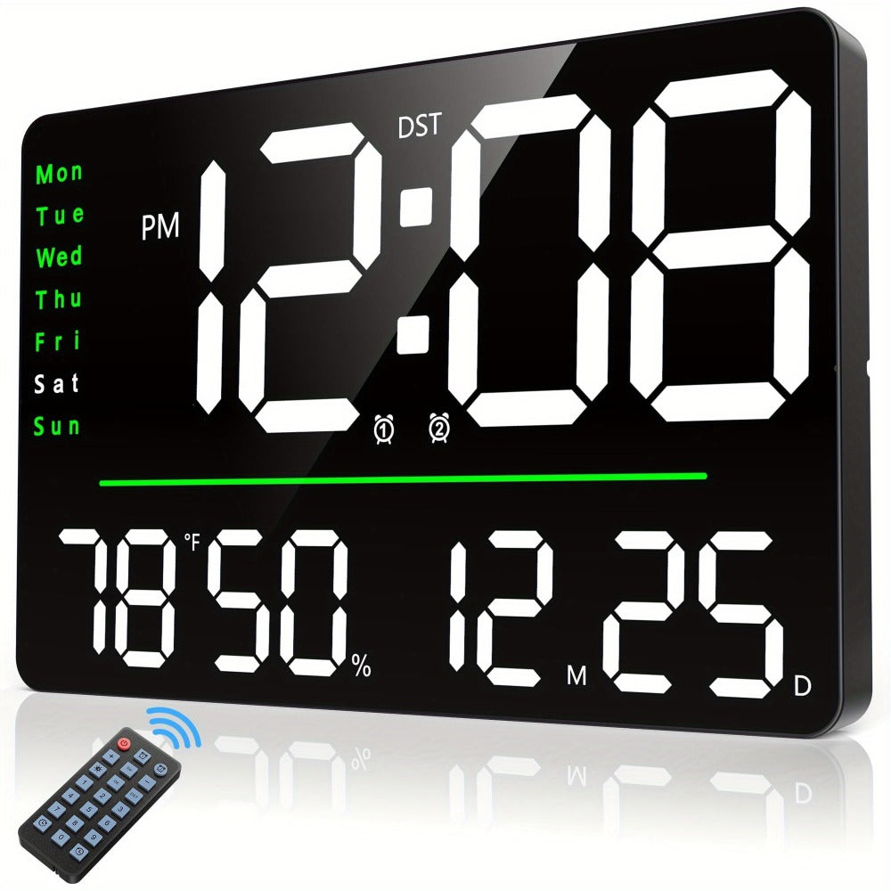 Digital Wall Clock 16 Inch LED with Remote Control – Large Display Shows Time, Date, Day of Week & Indoor Temperature, Modern Decor for Bedroom, Living Room, Office, Gym & Garage (White)