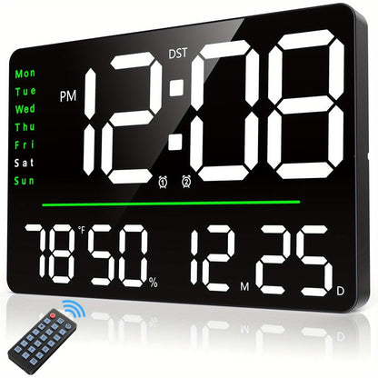 Digital Wall Clock 16 Inch LED with Remote Control – Large Display Shows Time, Date, Day of Week & Indoor Temperature, Modern Decor for Bedroom, Living Room, Office, Gym & Garage (White)