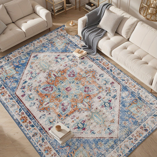 Area Rug Vintage Persian Floral Design with 13 Colors and Five Machine-Washable Room Sizes