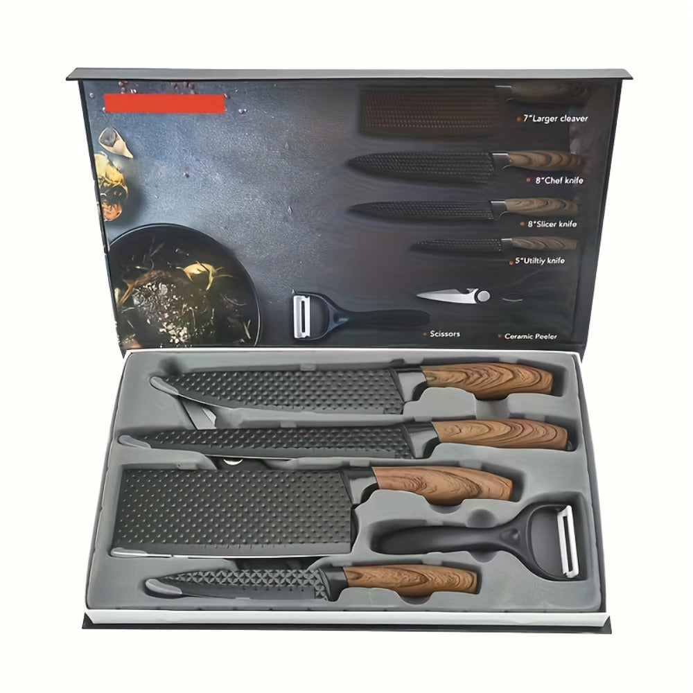 6-Piece Kitchen Knife Set – Chef's Knife, Slicing Knife, Scraper & Scissors | High Carbon Stainless Steel, Ergonomic Wooden Handle, Gift Box