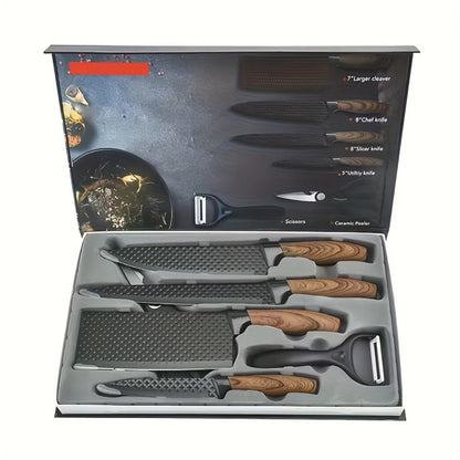 6-Piece Kitchen Knife Set – Chef's Knife, Slicing Knife, Scraper & Scissors | High Carbon Stainless Steel, Ergonomic Wooden Handle, Gift Box