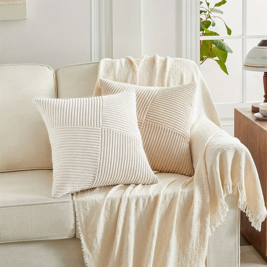 Throw Pillow Covers 18x18 Set of 4 - Boho Decorative Cushion Covers for Couch Sofa Bed, Soft Corduroy Textured Square Pillow Cases, Neutral Farmhouse Home Decor - Navy Blue Pink Mustard Sage Rust
