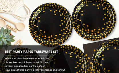 150-Piece Black and Gold Disposable Party Tableware Set with Place Settings for 50 Event Guests