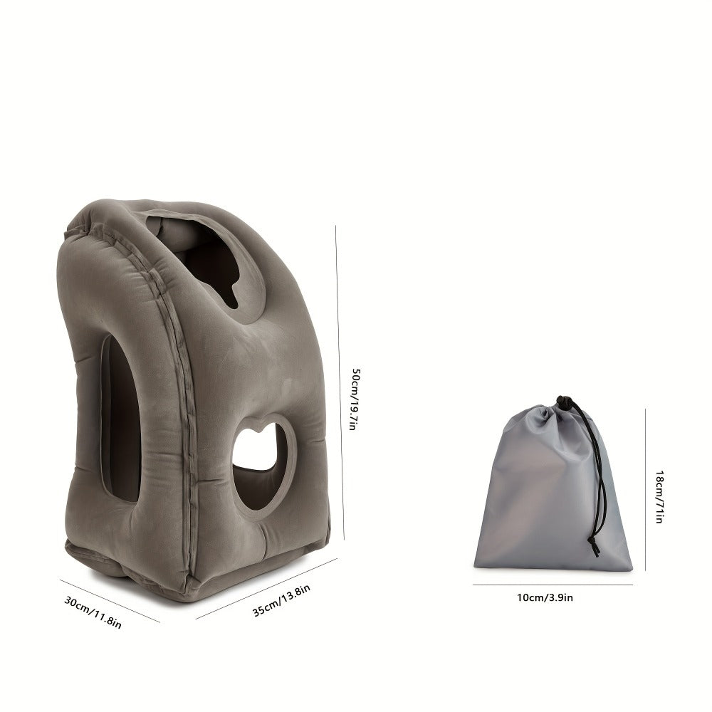 Inflatable Upright Travel Pillow with Face and Side Openings, Carry Bag and Blue, Black or Gray Color Options