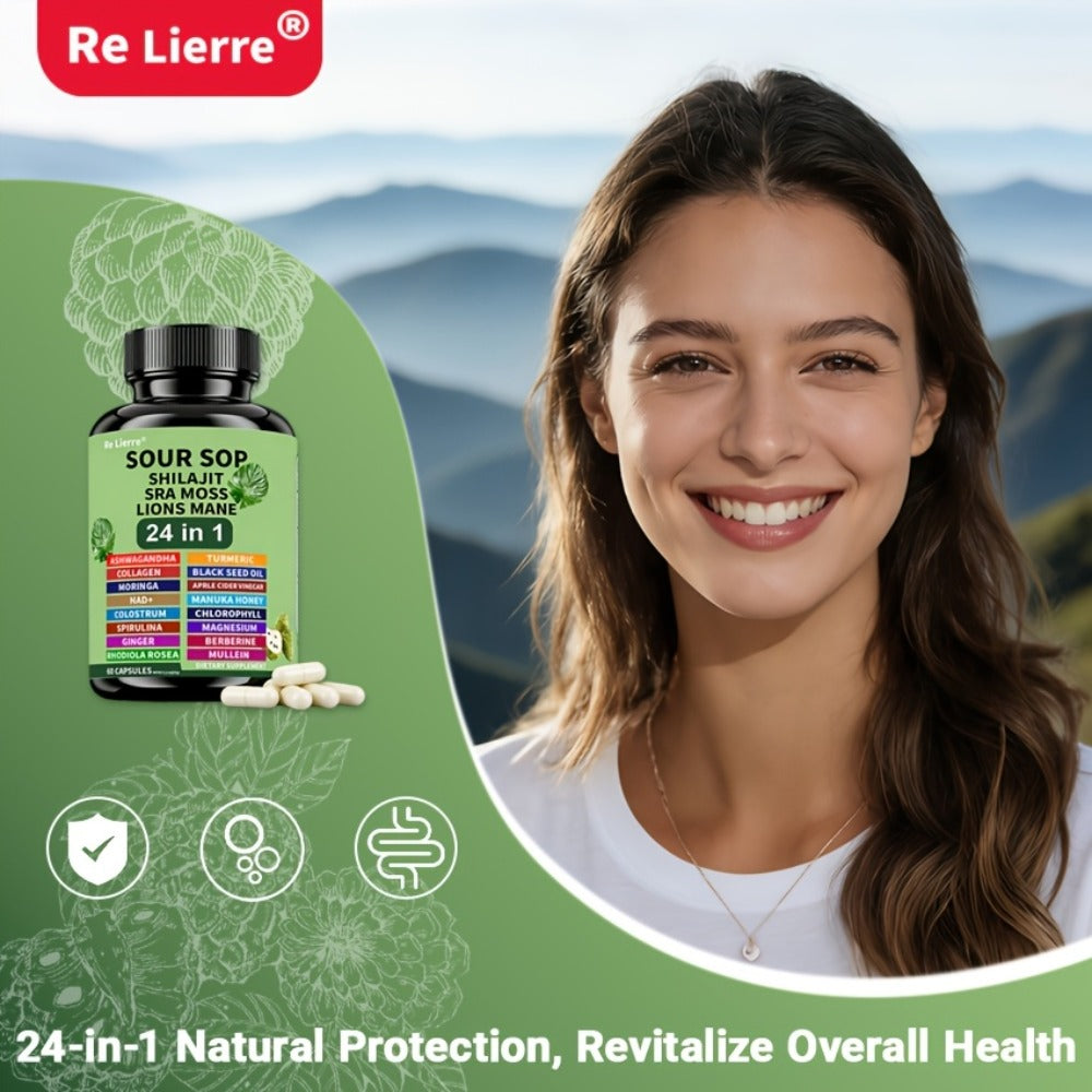 Dietary Supplement Sea Moss 24-in-1 Capsules with Soursop, Lion’s Mane and Shilajit, One or Two Bottles