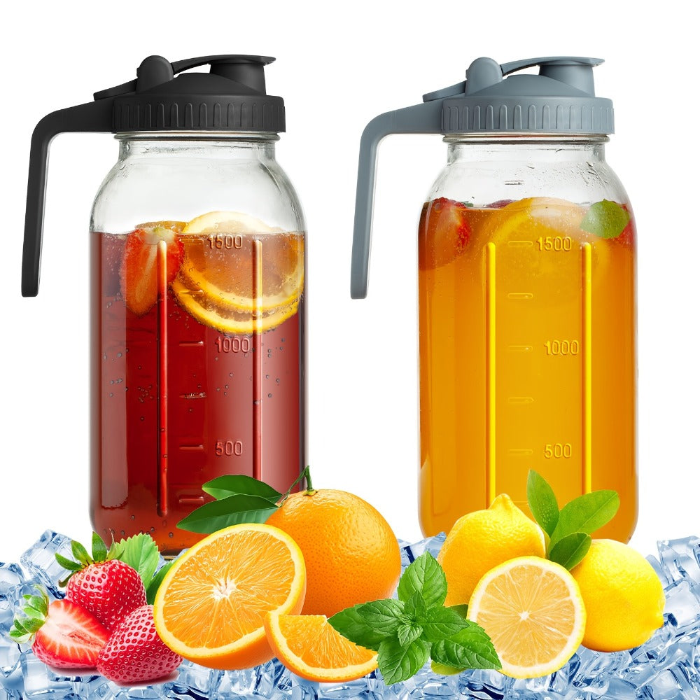 Mason Jar Pitcher 64oz Wide Mouth Glass Pitcher with Pour Spout & Handle – 2 Pack Leak Proof Iced Tea Pitcher for Fridge, Coffee Creamer, Sun Tea & Juice