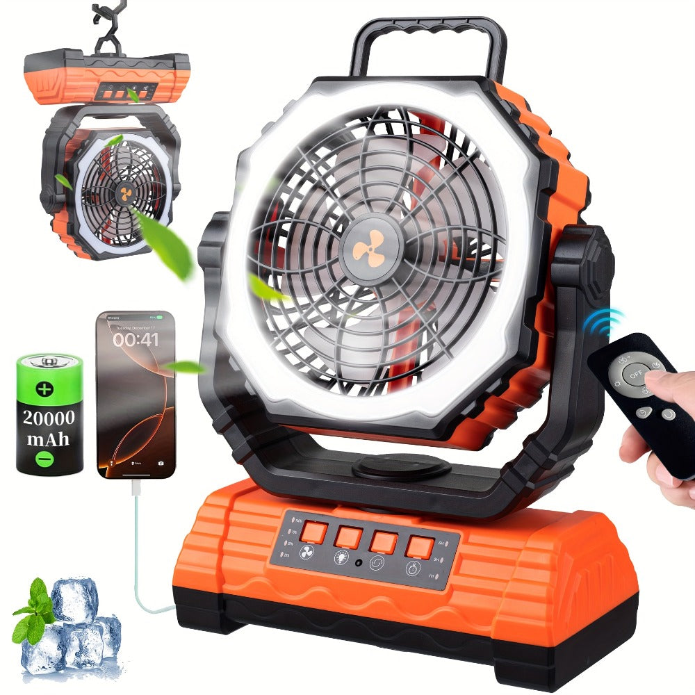 20000mAh-Label Four-Speed Dual-Motor Camping Fan with Remote, Hook and Four Lantern Panels