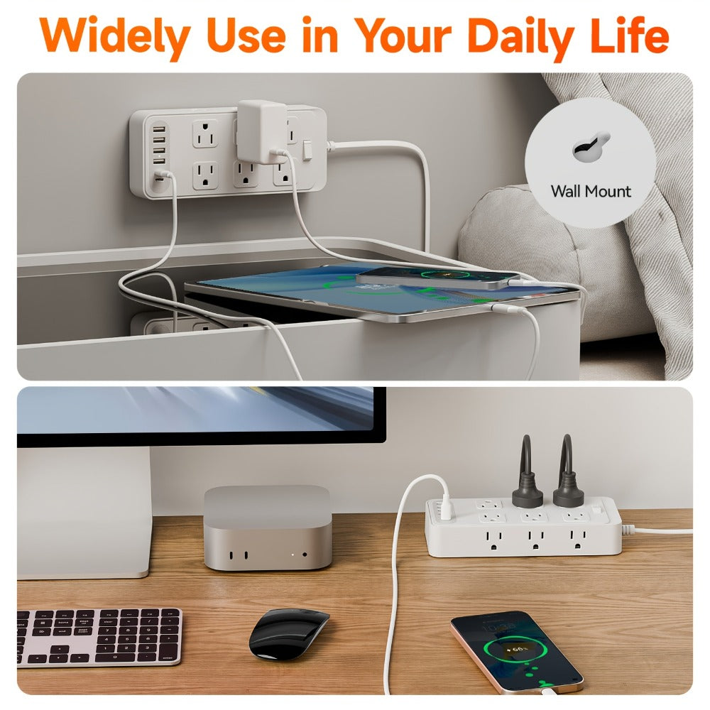 Power Strip Flat Plug 18-in-1 Surge Protector with 12 AC Outlets, 4 USB-A, 2 USB-C and 5- or 10-Foot Cord