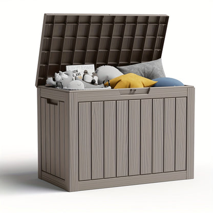 Wood-Grain Resin Deck Storage Box with Lockable Lid in Black or Light Brown Finish Options