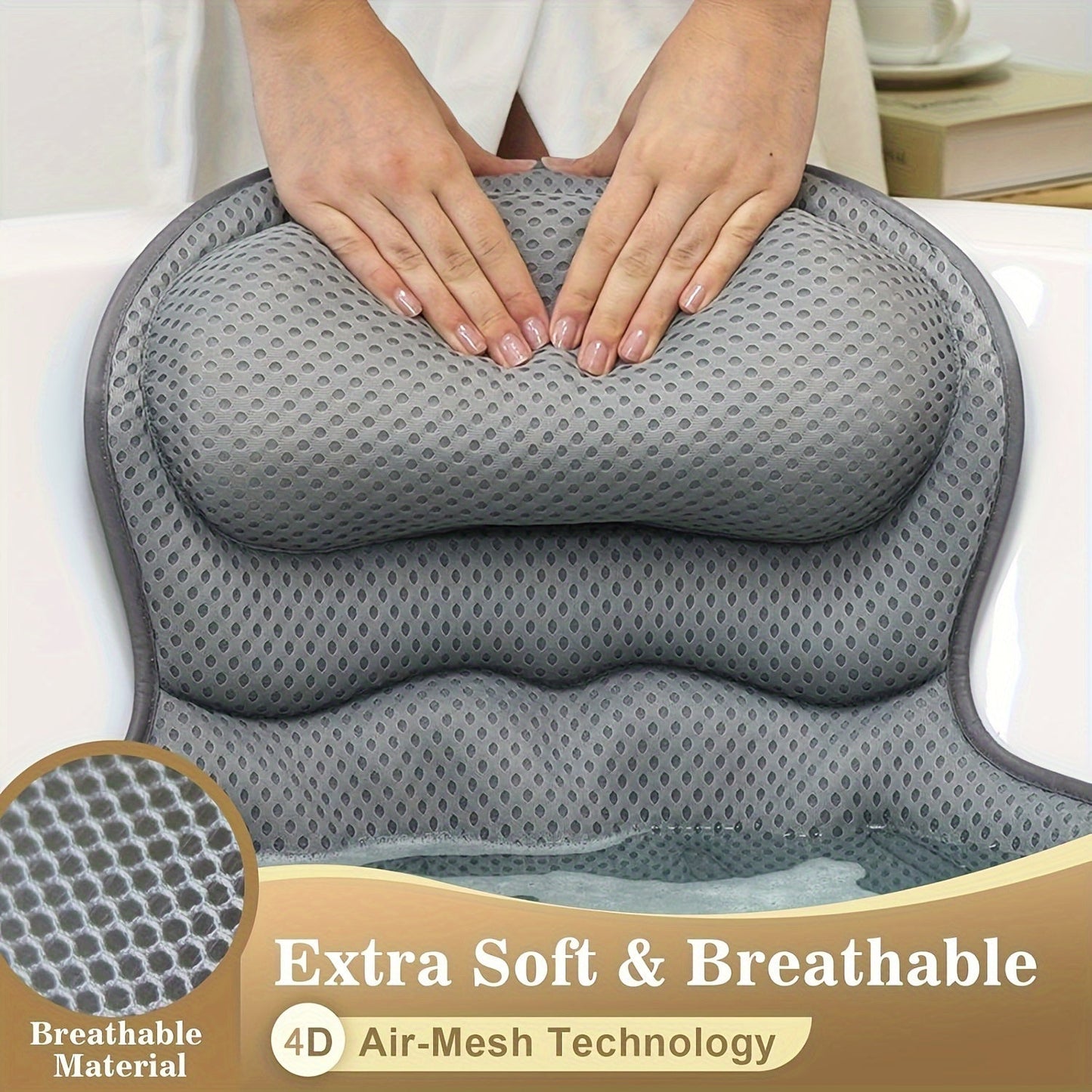 Contoured Bathtub Neck and Back Cushion with 4D Air Mesh, Suction Cups and White or Gray Finish