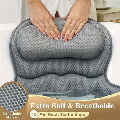 Contoured Bathtub Neck and Back Cushion with 4D Air Mesh, Suction Cups and White or Gray Finish