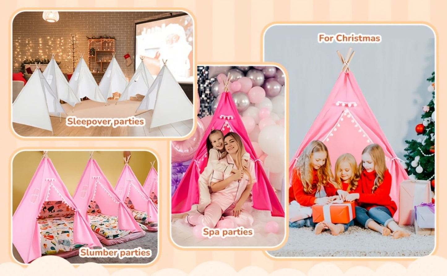 Kids Teepee Play Tent with 140 x 120cm Frame, White, Blue, Pink or Star Fabric Options and No Sitting Mat