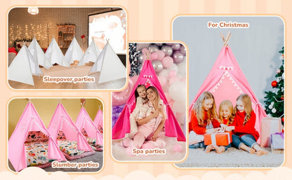 Kids Teepee Play Tent with 140 x 120cm Frame, White, Blue, Pink or Star Fabric Options and No Sitting Mat