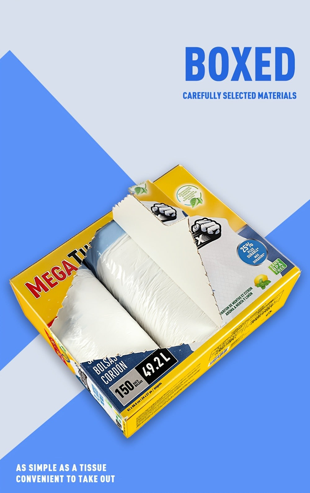 13-Gallon Scented Drawstring Trash Bags, 150-Count Pack in Three 50-Bag Rolls with Blue Ties