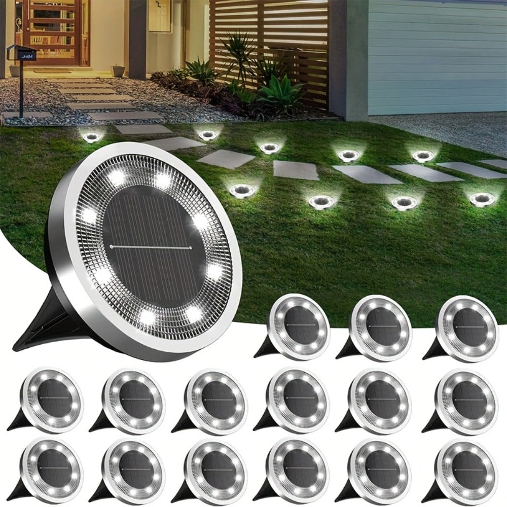 Solar Garden Light Ground Discs 8-Pack with 8 LEDs Each, Touch Dimming and Warm or Cool White Options