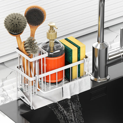 Black Sink Caddy with Drain Tray, Hanging Dishcloth Bar, Brush Holder and 23.5 cm Countertop Width