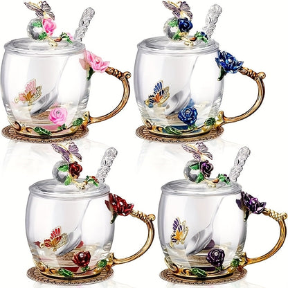 Four-Piece Floral Glass Tea Mug Set with Butterfly Lids, Rose Handles, Spoons and 12-Ounce Option
