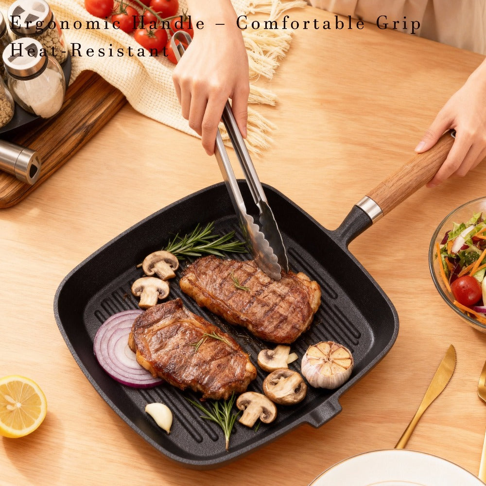 Cast Iron Grill Pan with Non-Stick Surface & Striped Design – Thick Wooden Handle Skillet for Steak, Meat, Pancakes & Eggs | Gas Stove, Home & Outdoor Camping Cookware