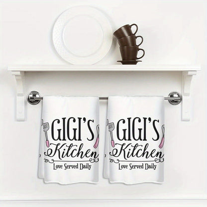 Two-Pack Gigi's Kitchen Towels, 23.6 x 15.7 Inches Each with White Utensil Print and 370GSM Label