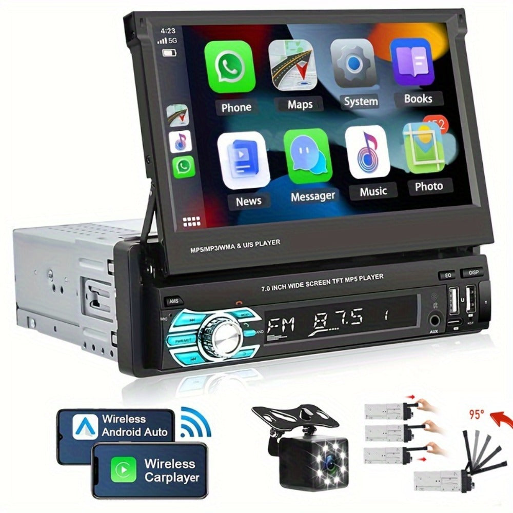 Single Din Car Stereo 7 Inch Flip Out Touchscreen - Wireless CarPlay & Android Auto, 1080P HD, FM Radio, SWC, Voice Control, USB/Type-C/AUX, Backup Camera Compatible
