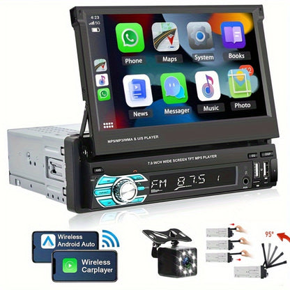 Single Din Car Stereo 7 Inch Flip Out Touchscreen - Wireless CarPlay & Android Auto, 1080P HD, FM Radio, SWC, Voice Control, USB/Type-C/AUX, Backup Camera Compatible