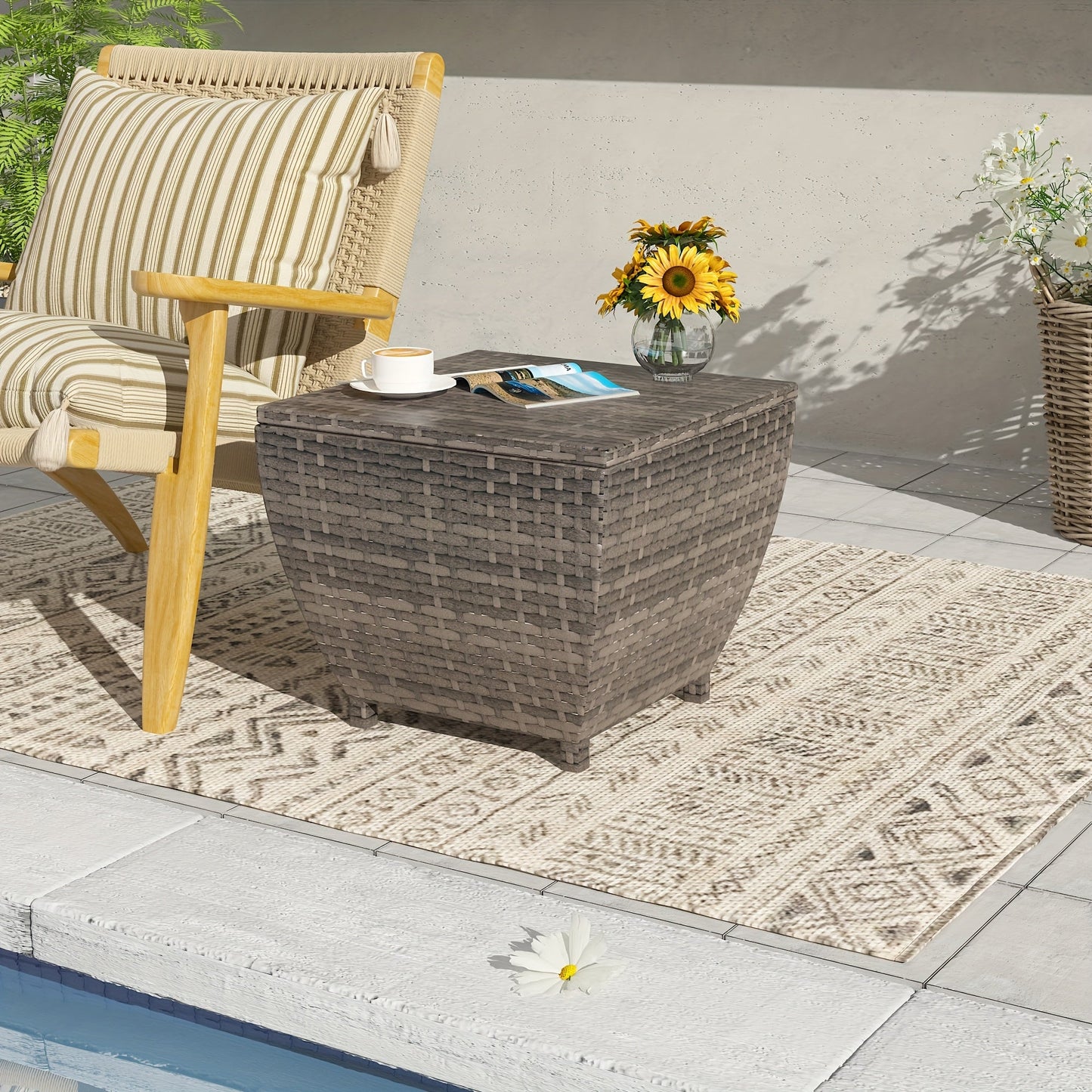 PE Wicker Outdoor Storage Box Side Table, Flip-Top Lid