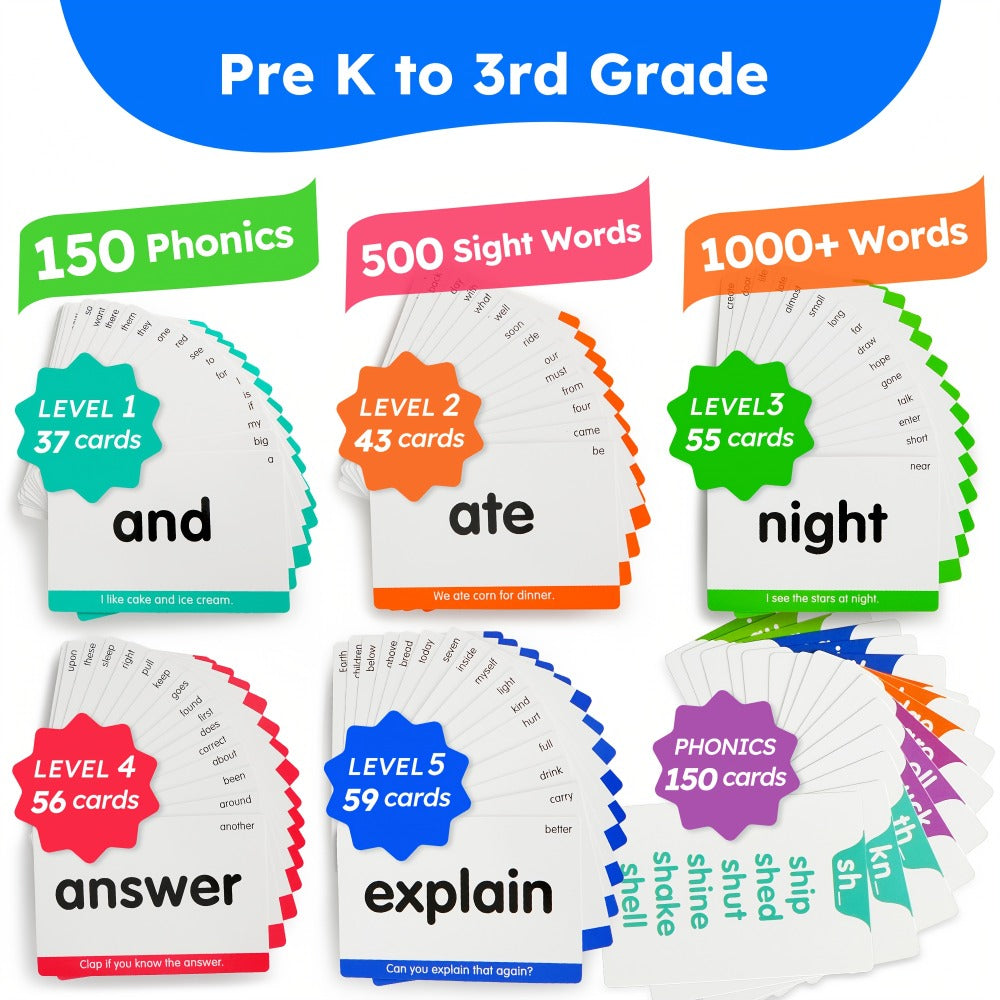 Sight Words and Phonics Flash Card Set with 500 Sight Words, 150 Phonics Cards and Three Learning Levels