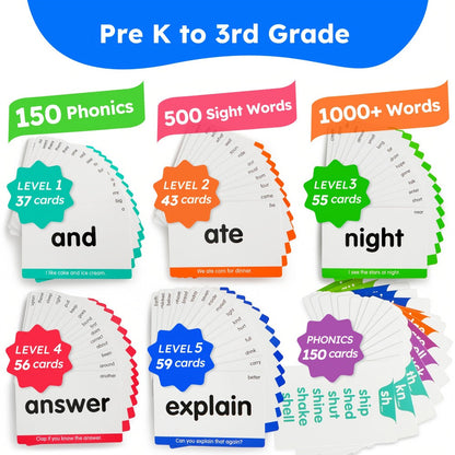 Sight Words and Phonics Flash Card Set with 500 Sight Words, 150 Phonics Cards and Three Learning Levels
