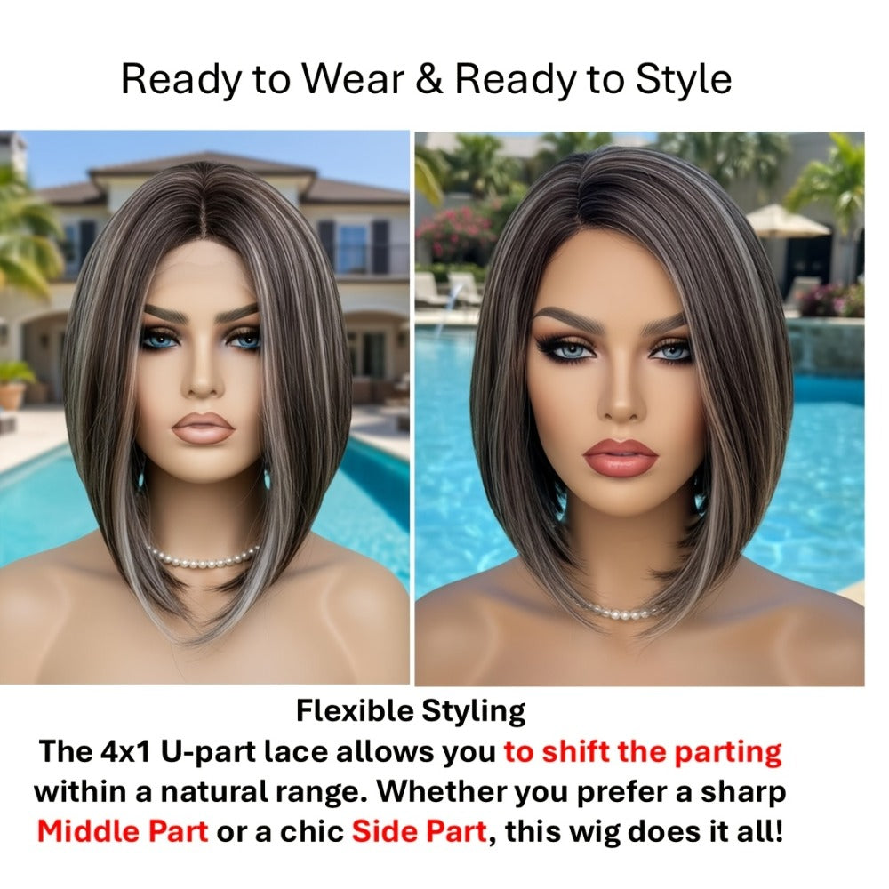 U Part Lace Front Bob Wig 4x1 Glueless Rose Net Cap Middle Part Natural Hairline Synthetic Wig for Women 14 Inch Brown Highlights Milky White Black Pink